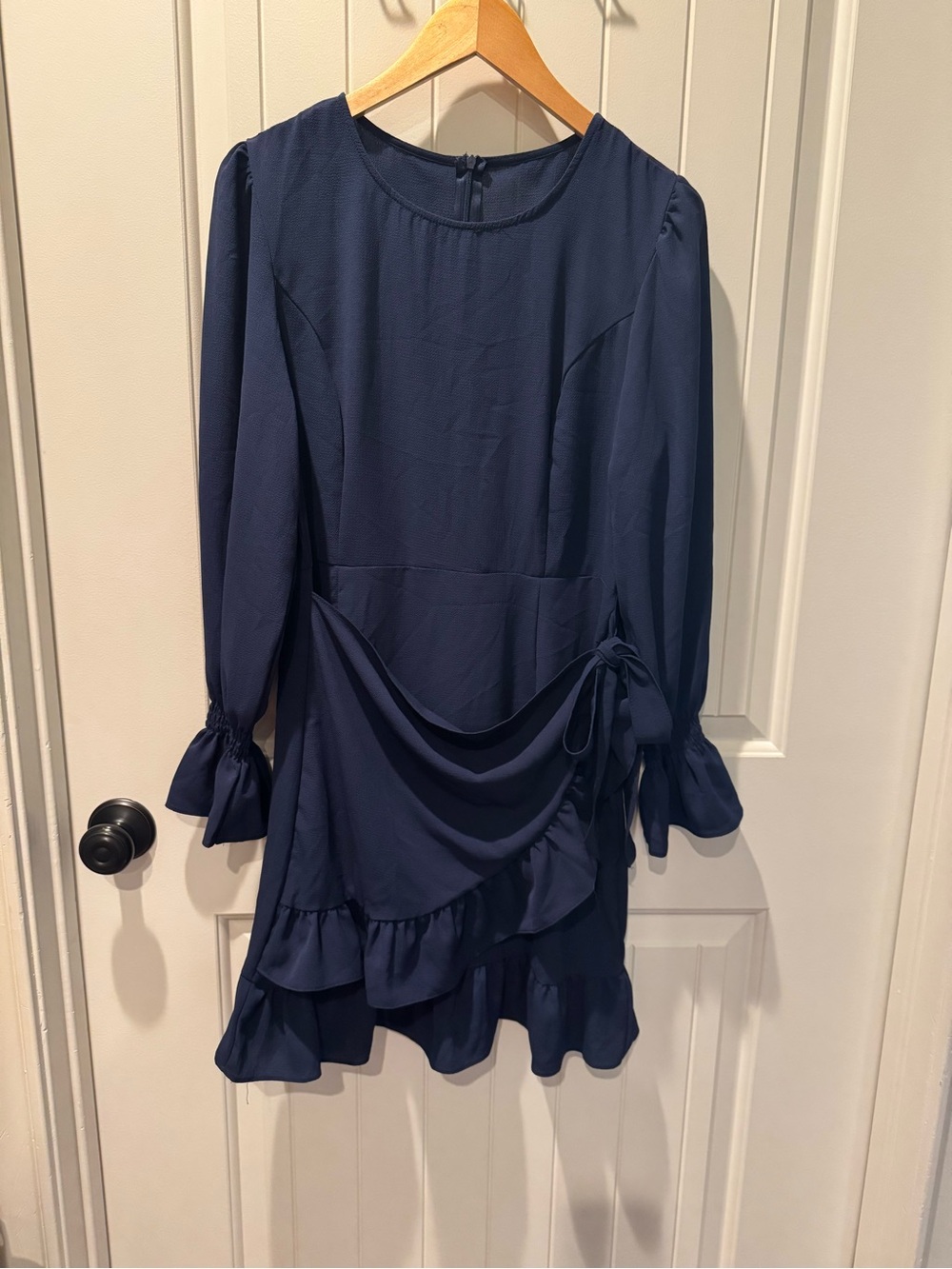 Weepinlee Navy Blue Long Sleeve Ruffle Faux-Wrap Mini Dress - Size M